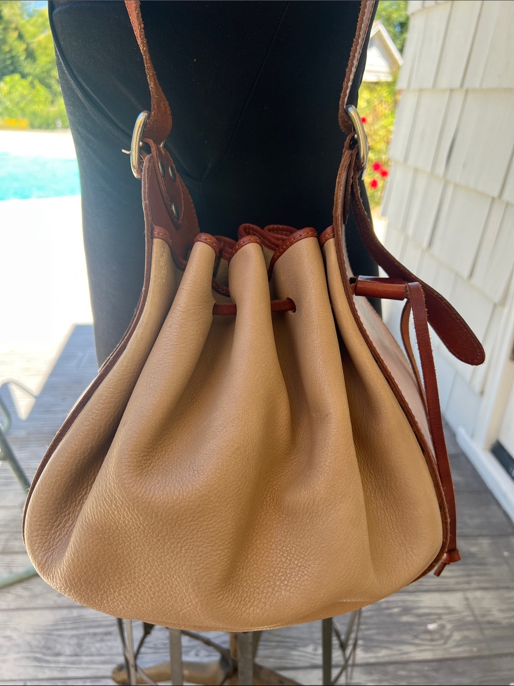 Classic Gancio amazing design Drawstring Shoulder Bag in Tan with Brown Accents